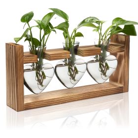 Plant Terrarium Propagation Station with 3 Heart Shaped Vases Wooden Stand Desktop Air Planter Bulb Glass Vase for Hydroponics Home Office Decor Gift