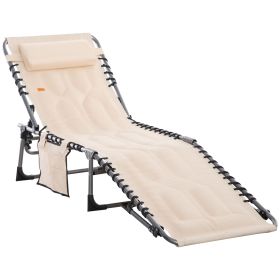 Outsunny Folding Chaise Lounge Chair, Outdoor Padded Reclining Chair with 5-position Adjustable Backrest, Pillow and Pocket for Patio, Beach, Beige