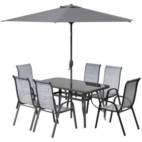 8 Pieces Patio Furniture Set with 9Ft Patio Umbrella, Outdoor Dining Table and Chairs, Mixed Gray