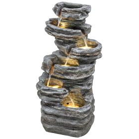 40" Tall Outdoor Waterfall Fountain with LED Lights, 6-Tier Cascading Waterfall Feature, Resin Garden Fountain, Gray