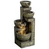 Small Outdoor Fountain with 4-Tier Stone Bowls, Adjustable Waterfall Flow & LED Lights, Perfect for Patio & Zen Garden, Gray