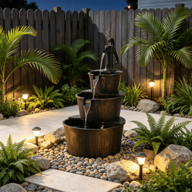 3-Tier Outdoor Barrel Waterfall Fountain with Electric Pump for Garden Decorative Spillway Spout Water Feature