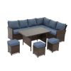 7 Piece Wicker Patio Dining Set 9-Seat Outdoor Sectional Blue Cushions Sofa with Ottomans & Dining Table Porch Backyard Garden