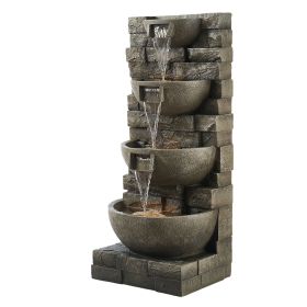 Outdoor Water Fountain, 35.63 in Height Fountain and Waterfall, 4-Tier Floor Standing Cascading Fountains with LED Light and Pump, Block Stack Style