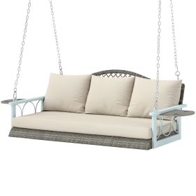 3 Person Wicker Hanging Outdoor Patio Porch Swing Bench with Cup Holders, Cushions, and Chains, Natural