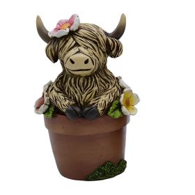 6"H Highland Cow Sitting on Flower Pot Figurine Home Decor Gift