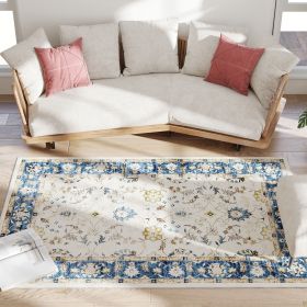 HOMCOM Machine Washable Area Rug 4x6, Non-Slip Boho Floral Print Floor Carpet for Living Room, Bedroom, Dining Room, Blue