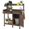 Dark Brown Outdoor Potting Bench with Storage Cabinet,Sink and Faucet ,Hooks