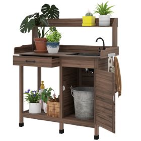 Dark Brown Outdoor Potting Bench with Storage Cabinet,Sink and Faucet ,Hooks