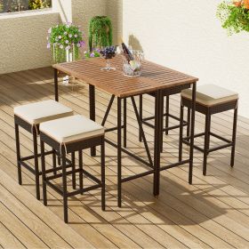 5-Piece Outdoor Acacia Wood Bar Height Table And Four Stools With Cushions, Garden PE Rattan Wicker Dining Table, Foldable Tabletop