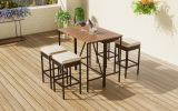 5-Piece Outdoor Acacia Wood Bar Height Table And Four Stools With Cushions, Garden PE Rattan Wicker Dining Table, Foldable Tabletop