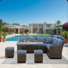 7 Piece Wicker Patio Dining Set 9-Seat Outdoor Sectional Blue Cushions Sofa with Ottomans & Dining Table Porch Backyard Garden