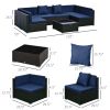 7-Piece Rattan Couch, Outdoor Patio Furniture Set, with Removable Cushions and Ottoman, Glass Coffee Table- Dark Coffee/Blue