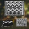 Outdoor Rug Carpet Reversible Plastic Straw Rug with LED Lights Black and White 12' x 9' for Patio