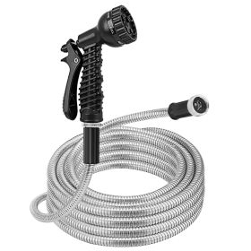 25FT/50FT/100FT Heavy Duty Stainless Steel Garden Hose Garden Watering Kit Metal Water Hose with 2 Nozzles 12 Patterns Flexible Extendable Kink Tangle (Option: MetalWaterHose25FT)