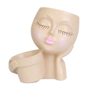 Girl Face Planter Pot Dual Opening Flower Pot With Drainage Hole Lady Head Resin Plant Pot For Succulent Cactus Indoor Outdoor (Option: FacePlanterKhaki)