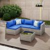 5 Pieces Outdoor Patio Furniture Set, Wicker Patio Conversation Sectional Sofa Set, All Weather PE Rattan Sofa with Glass Table and Cushions