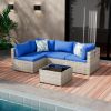 5 Pieces Outdoor Patio Furniture Set, Wicker Patio Conversation Sectional Sofa Set, All Weather PE Rattan Sofa with Glass Table and Cushions
