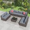 9 Pieces Outdoor Patio Furniture Set, Wicker Patio Conversation Sectional Sofa Set, All Weather PE Rattan Sofa with Glass Table and Cushions
